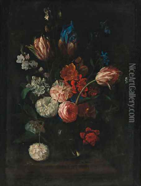 Carnations, tulips, peonies, irises and other flowers in a glass bowl on a ledge Oil Painting - Pieter Hardime