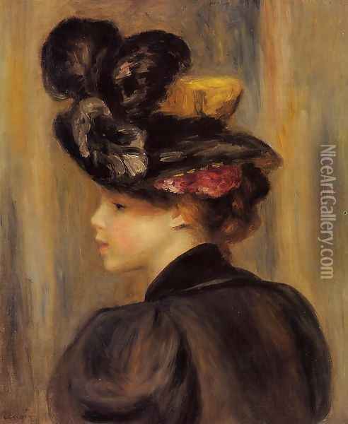 Young Woman Wearing A Black Hat Oil Painting - Pierre Auguste Renoir