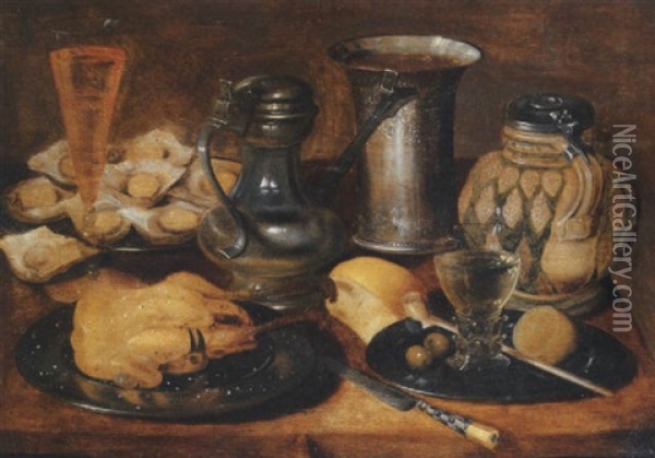 A Roast Pheasant, A Roemer, Olives, A Lemon And A Pipe, Oysters, A Pitcher, A Wineglass, A Knife, A Roll Of Bread, A Tankard And A Flask On A Wooden Table Oil Painting - Georg Flegel