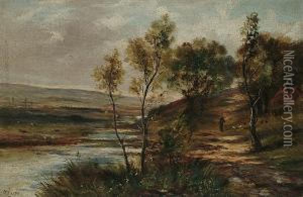 Rural Landscape With Figures And Chickens By A River Oil Painting - Rayner Hoff