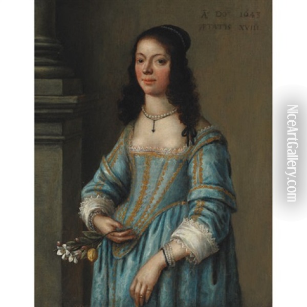 Young Lady In Blue Dress Oil Painting - Gonzales Coques