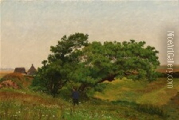 Summer Landscape With A Little Boy Near Some Young Oak Trees Oil Painting - Vilhelm Peter Karl Kyhn
