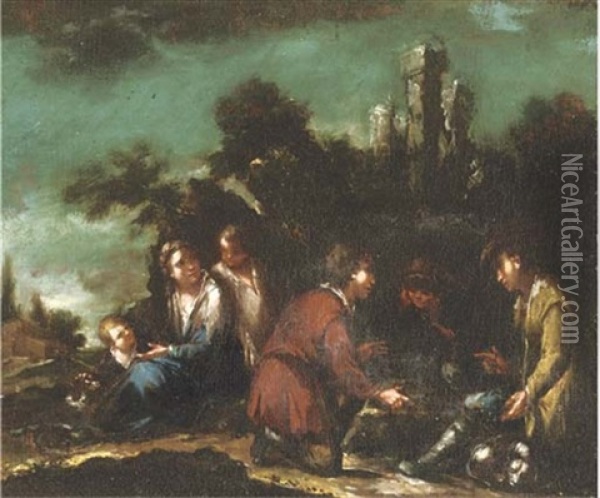 Children Conversing In A Landscape Oil Painting - Pasquale de' Rossi