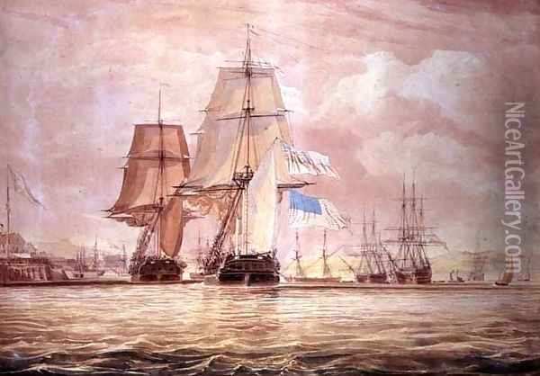 HMS 'Shannon' leading the Chesapeake into Halifax Harbour, 1813 Oil Painting - John Christian Schetky