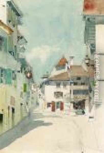 Dorfstrasse In Auvernier. Oil Painting - Albert Anker
