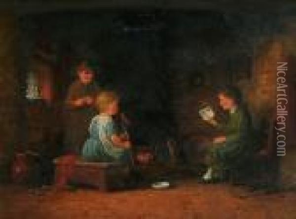 Cottage Interior With Children Seated Beside A Fire Place Oil Painting - Frederick Daniel Hardy