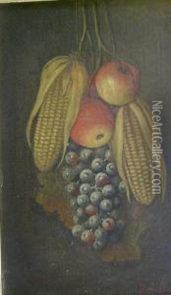Hanging Still Life With Corn, Apples And Grapes Oil Painting - Barton Stone Hays