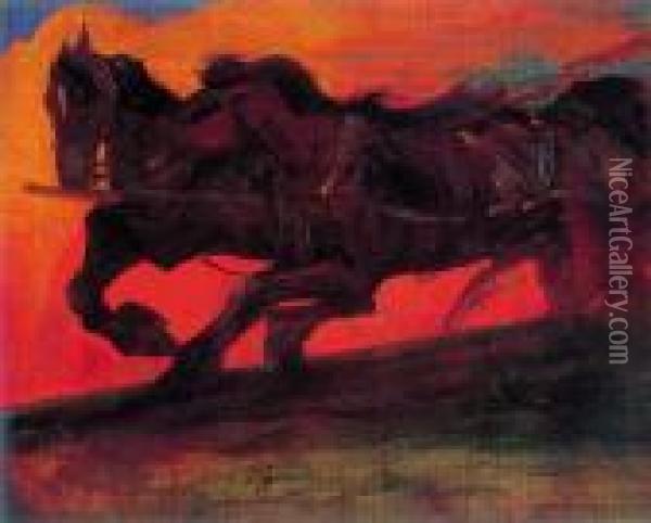 Konie W Zaprzegu Oil Painting - Witold Wojtkiewicz