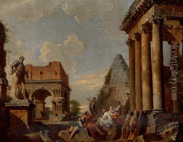 Soldiers And Other Figures Resting Among Antique Ruins, Beside An Ionic Portico And A Statue Of The Farnese Hercules Oil Painting - Giovanni Paolo Panini