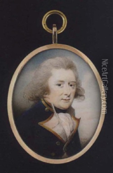Portrait Of A Naval Officer Wearing Blue Coat With Gold Trimmed White Facings And Gold Buttons, Black Stock And White Cravat Oil Painting - Patrick John McMoreland