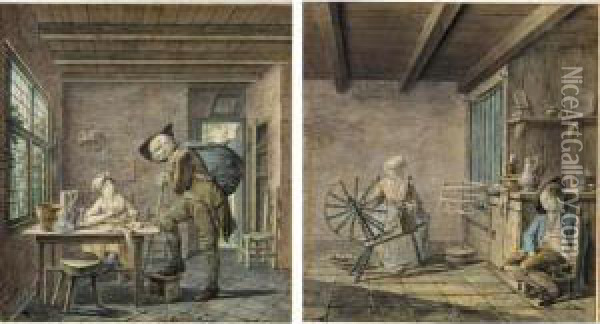 A Pair Of Domestic Interiors: A Woman Spinning Wool With A Sleeping Boy, And A Visiting Tinker Oil Painting - Leendert Overbeek