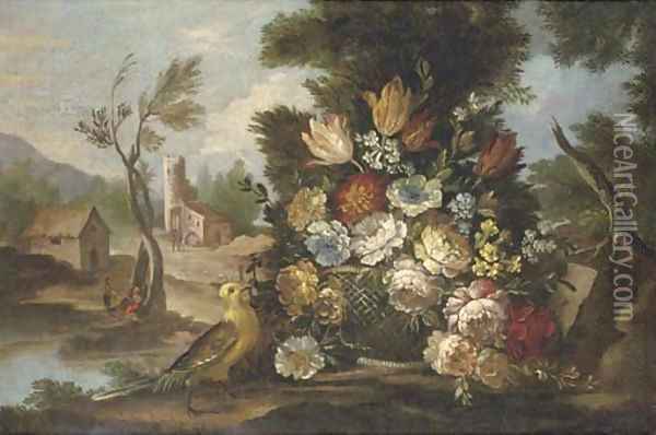 Mixed flowers in a basket in a clearing Oil Painting - Nicola Casissa