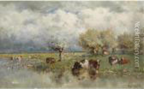 Cows In A Polder Landscape Oil Painting - Willem Roelofs