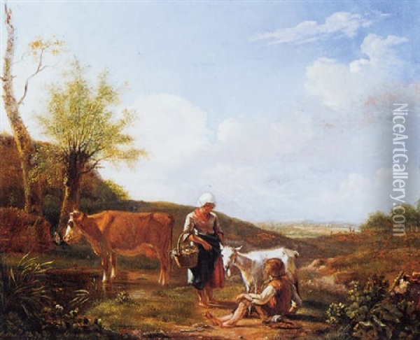 Rustend Herderspaar Met Vee Bij Een Beek Oil Painting - Hendrik Stokvisch