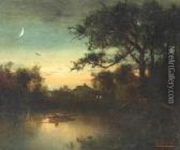 A Figure In A Punt Under A Moonlit Sky Oil Painting - Alexander Helwig Wyant