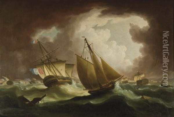 The Royal Navy Armed Cutter Entreprenante Shadowing The Remnants Of The Franco-spanish Fleet As It Runs Into Cadiz After The Disastrous Defeat At Trafalgar Oil Painting - Thomas Buttersworth