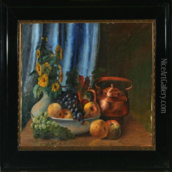 Still Life With Copperkettle, Fruit And Flowers Oil Painting - Peder Knudsen
