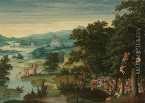 A River Landscape With St John The Baptist Preaching And Thebaptism Of Christ Oil Painting - Cornelis Massys