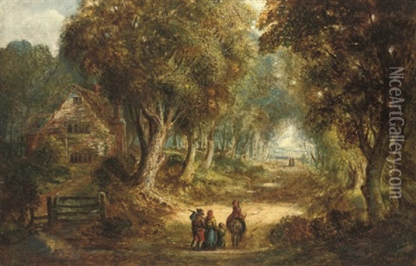Travellers On A Wooded Lane Oil Painting - William Henry Crome