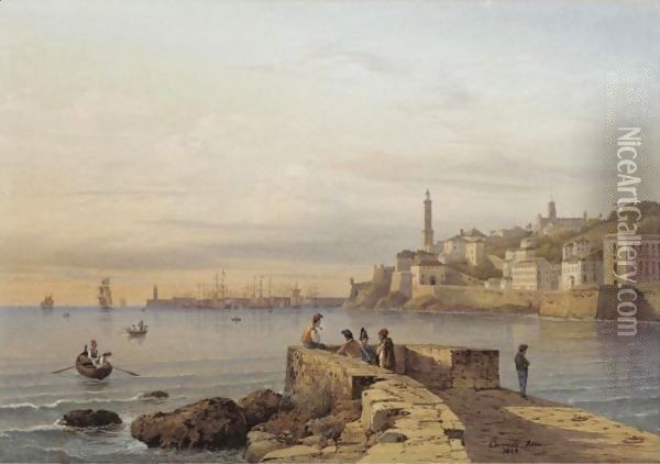 View Of The Harbour In Genoa Oil Painting - Hermann David Salomon Corrodi