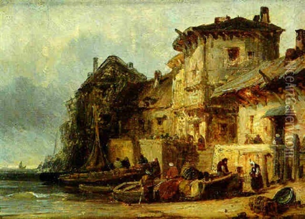 Port De Saint Valery - A Maree Basse Oil Painting - Louis-Gabriel-Eugene Isabey