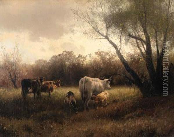 Jersey Cattle By The Trees Oil Painting - Herman Herzog