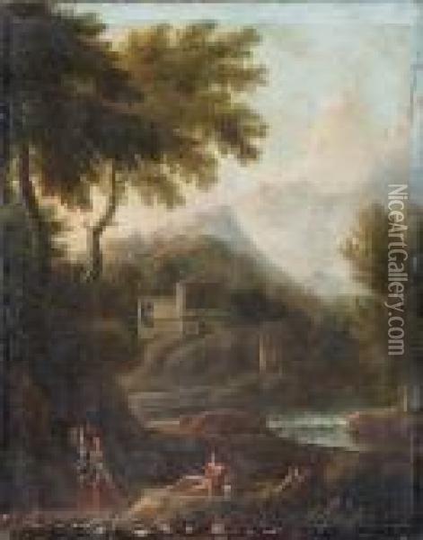 An Arcadian Landscape With Travellers On A Path, A Waterfall Beyond Oil Painting - Gaspard Dughet Poussin