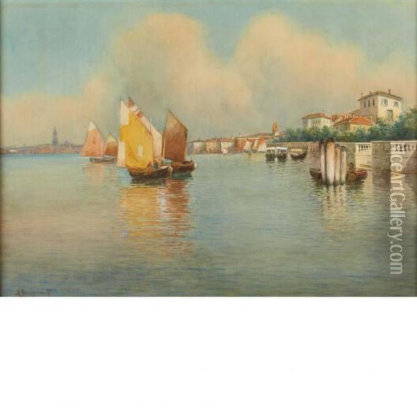 Fishing Boats On The Guidecca, Venice Oil Painting - Alberto Prosdocimi