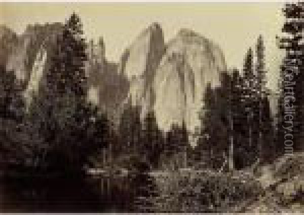 Cathedral Rocks And Spires Yosemite Oil Painting - Carleton E. Watkins