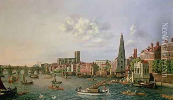 A View of the River Thames at York Steps with Westminster Abbey beyond Oil Painting - William James