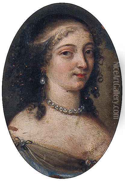 Portrait of a Lady, bust-length, in a pearl choker and a decollete dress Oil Painting - Mignard, Pierre II