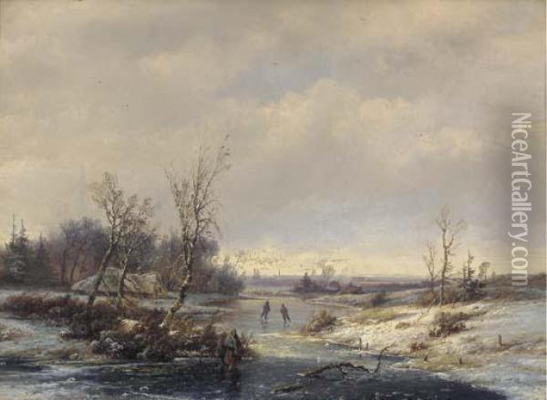 A Panoramic Winter Landscape With Skaters On The Ice Oil Painting - Pieter Lodewijk Francisco Kluyver