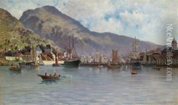 Havneparti Fra Bergen Oil Painting - Lyder Wenzel Nicolaysen