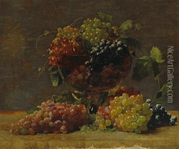 A Variety Of California Grapes In A Glass Vase Oil Painting - William J. McCloskey