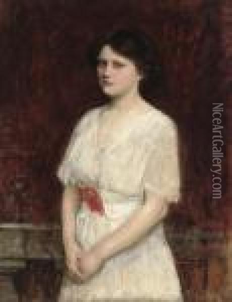 Portrait Of Miss Claire Kenworthy, Half Length, In A White Dress Oil Painting - John William Waterhouse