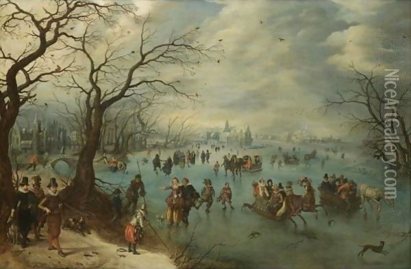 A Winter Landscape With Figures Skating On A Frozen River, Prince Maurits Of Orange-Nassau With A Hunting Party In The Foreground Oil Painting - Adriaen Pietersz. Van De Venne