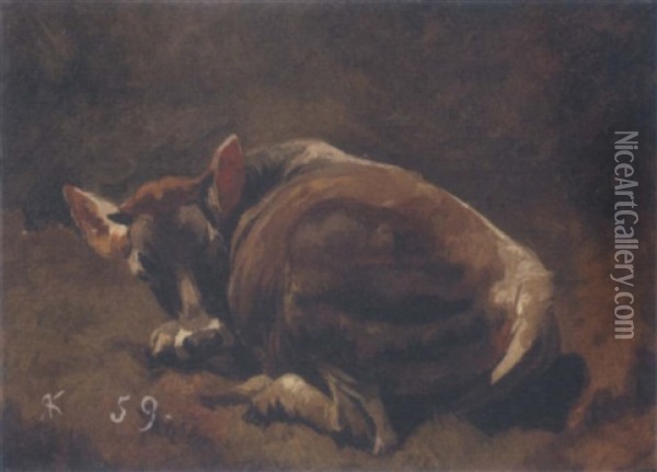 Liegendes Kalb Oil Painting - Johann Rudolf Koller