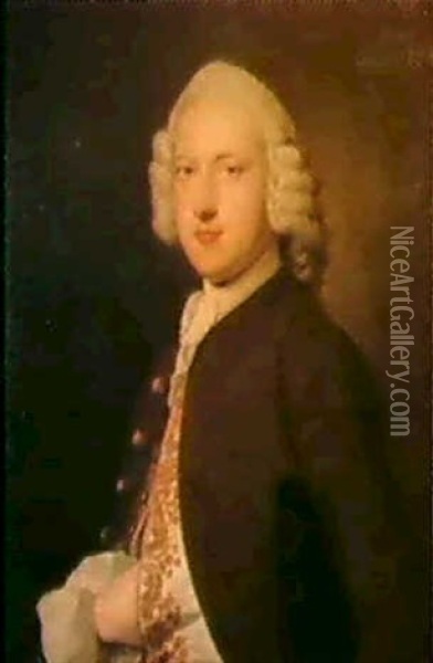 Portrait Of Walter Oborne, Half Length, Wearing A Brown Coatand Gold Embroidered Waist Coat Oil Painting - Thomas Hudson