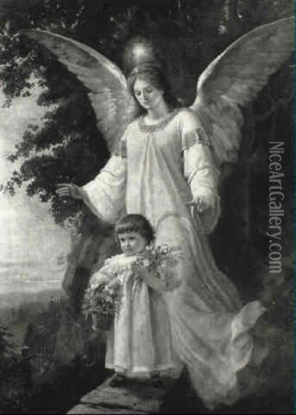 The Guardian Angel Oil Painting - Adolf Eberle