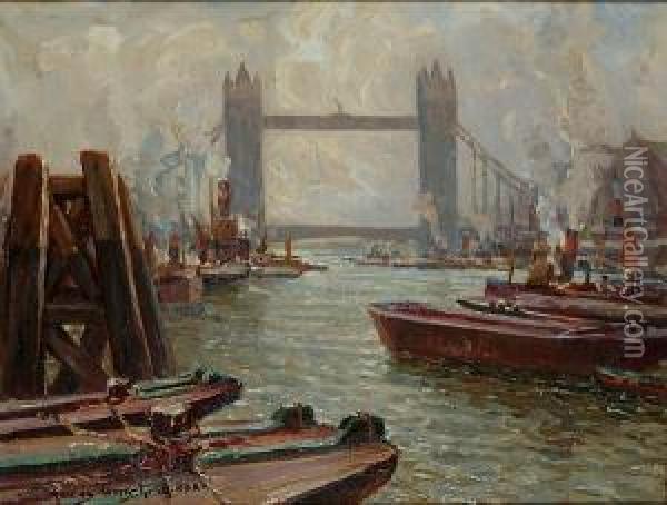 'london - The Tower Bridge'; And 'the Busy Thames, London Bridge' Oil Painting - James Townshend