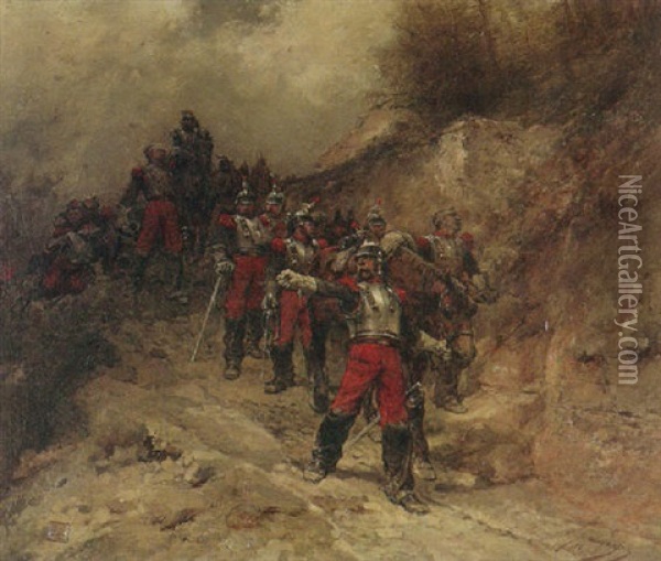 An Infantry Troop On A Mountain Path With An Officer Signaling In The Foreground Oil Painting - Wilfrid Constant Beauquesne