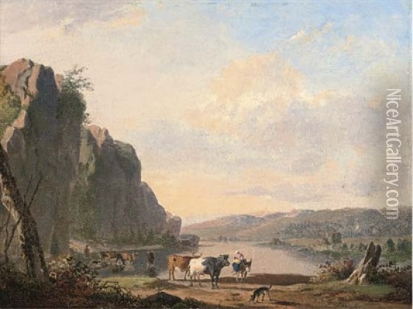 A Mountainous Landscape With Cattle Watering By A River Oil Painting - Jean-Baptiste de Jonghe