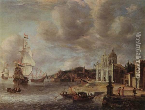 An Italianate Harbour Scene With Dutch Men-o'-war Moored, Yachts And Rowing Boats Near The Quay Oil Painting - Jan Abrahamsz. Beerstraten