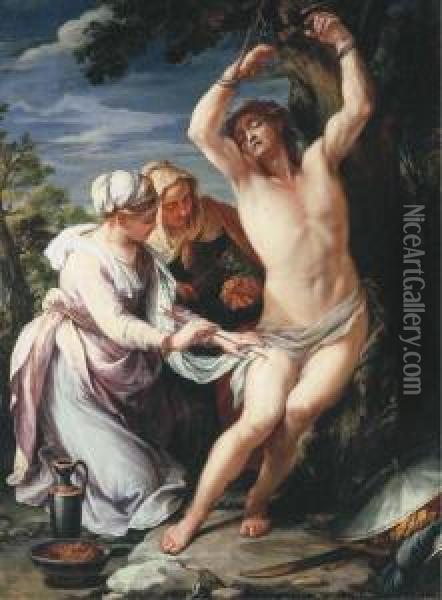 Saint Sebastian Tended By Saint Irene Oil Painting - Benedetto Luti
