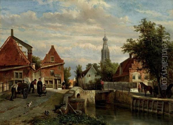 A View Of The Staal Everspijp And The Grote Kerk In Summer Oil Painting - Cornelis Springer