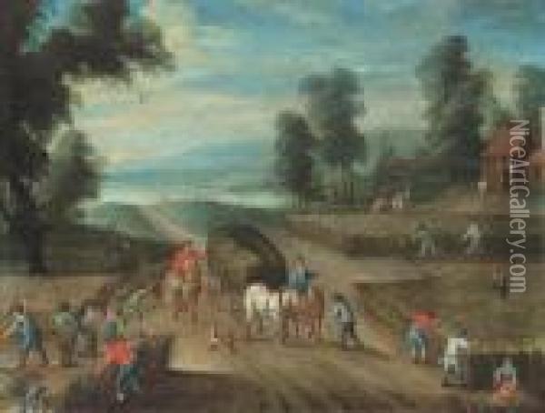 A Landscape With Peasants Reaping The Harvest Oil Painting - Balthasar Beschey