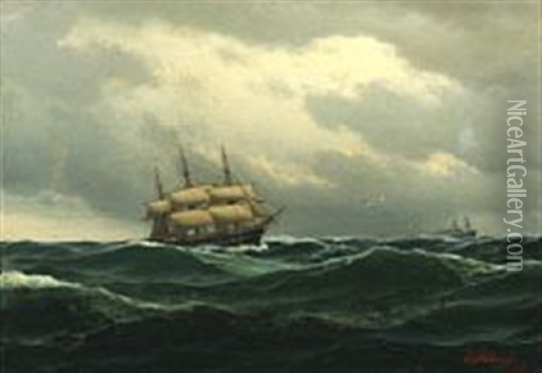Frigate And Steamship Under A Cloudy Sky Oil Painting - Carl Emil Baagoe