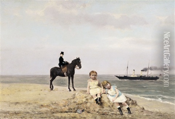 Sur La Plage (trouville) Oil Painting - Georges Croegaert