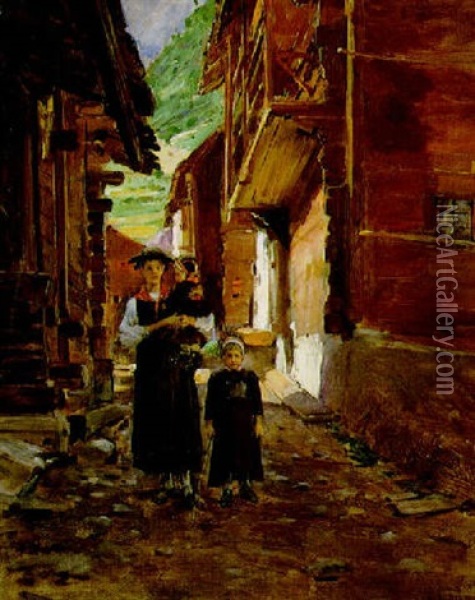 Young Woman With Children In A Mountain Village Street Oil Painting - Jean Beraud