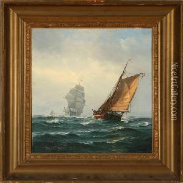 Seascape With Sailingships On Open Sea Oil Painting - Vilhelm Bille